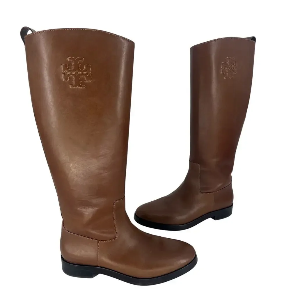 Tory Burch Riding‎ Logo Embossed Leather Knee High Boots Brown 10.5